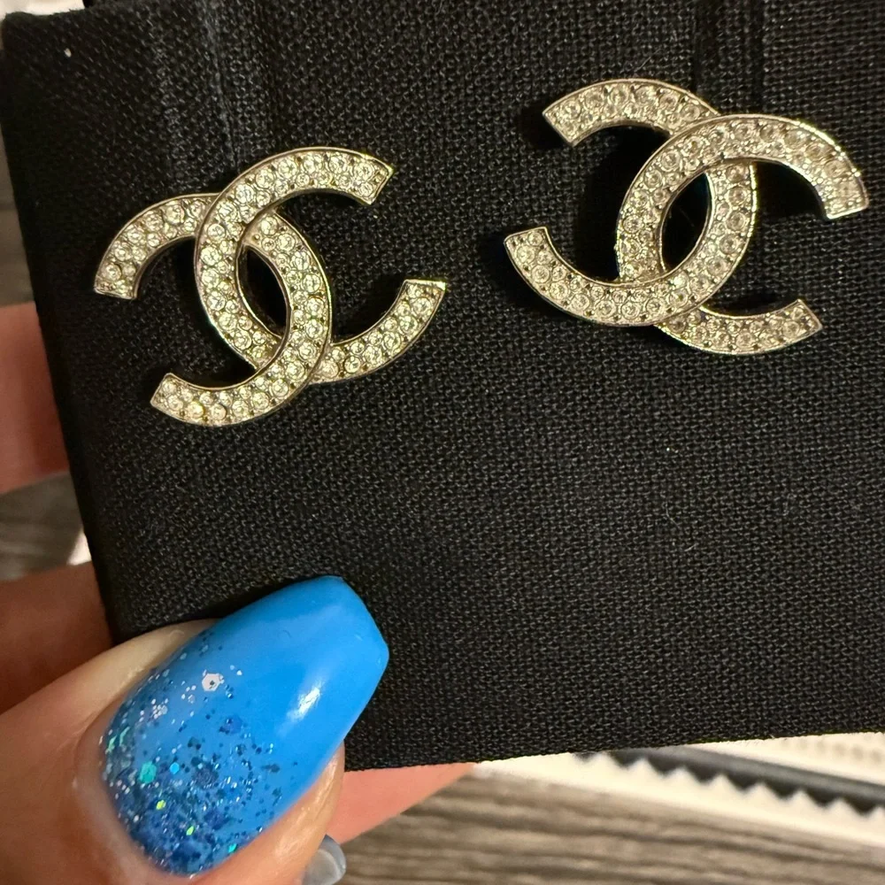 Chanel‎ Classic Silver Crystal CC Earrings